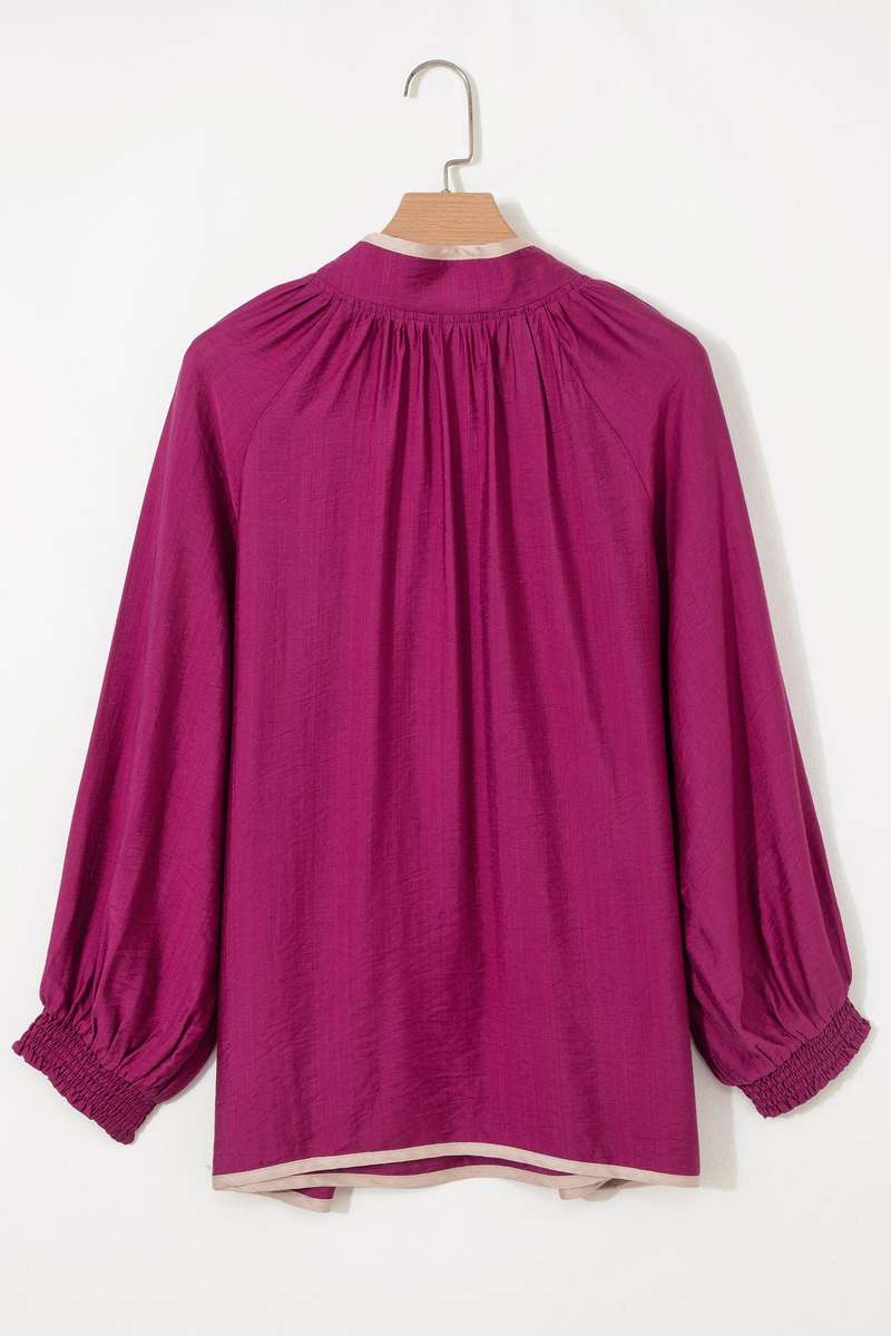 Wild Ginger Plus Size Contrast Trim Button V Neck Puffy Bracelet Sleeve Blouse