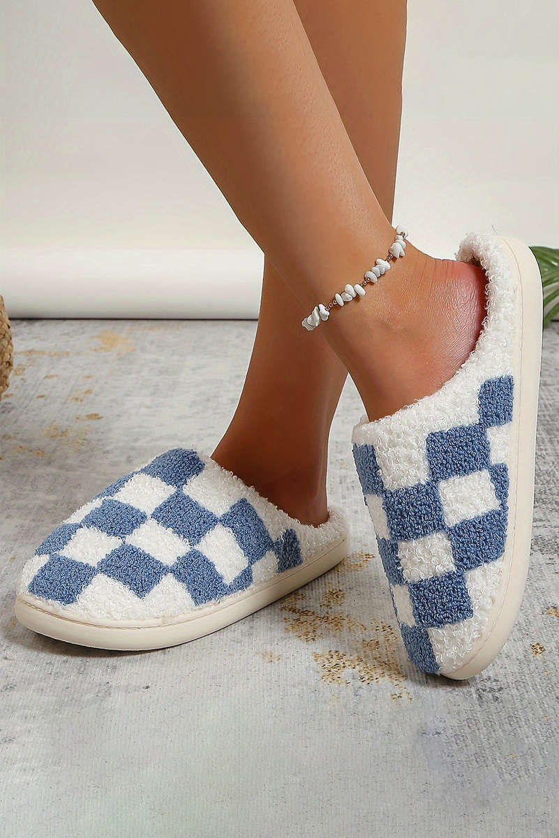 Light Blue Checkered Print Fuzzy Slip On Winter Slippers