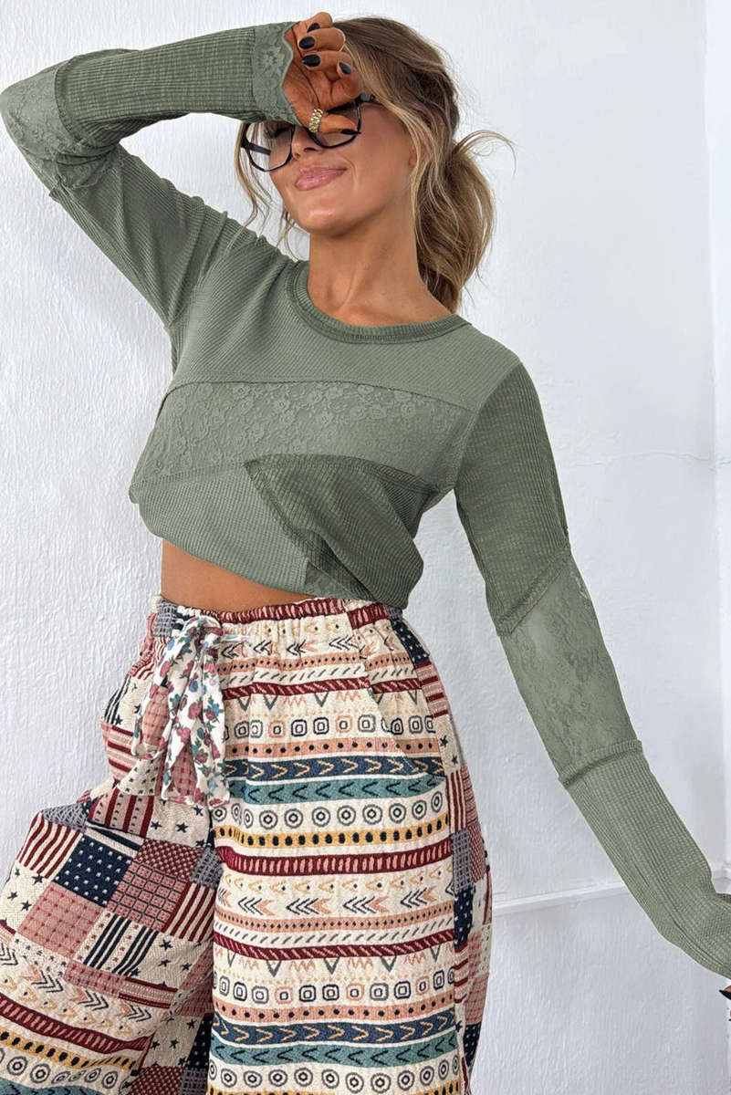 Sage Green Solid Color Waffle Ribbed Lace Patchwork Long Sleeve Top