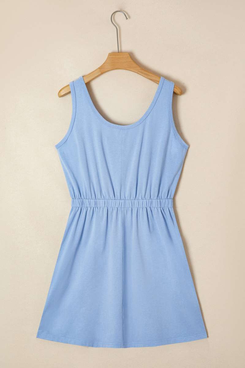 Sky Blue Mineral Wash Elastic Waist Tank Dress with Side Pockets