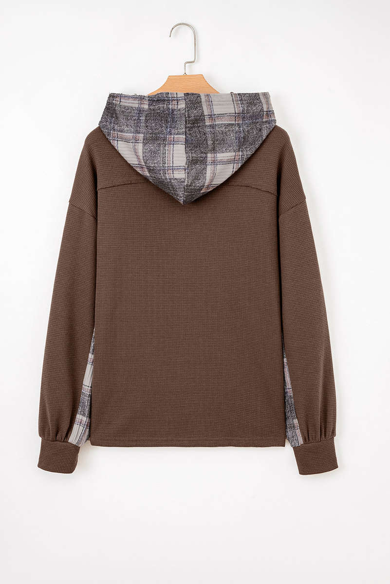 Brown Plaid Patchwork Button Down Drawstring Hooded Shacket