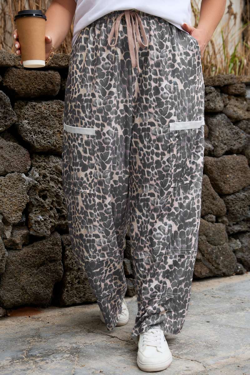 Khaki Plus Size Leopard Print Raw Edge Patch Pocket Drawstring Loose Pants