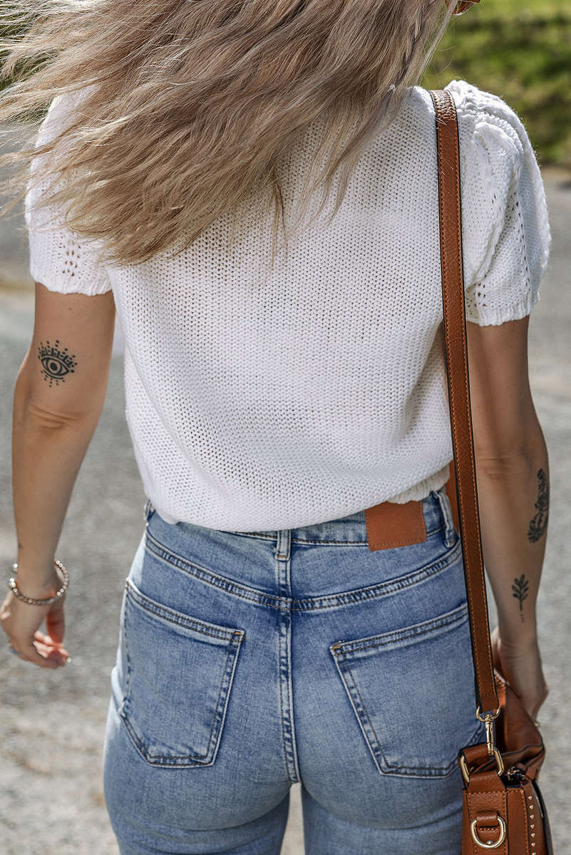 White Pointelle Knit Short Puff Sleeve Crewneck Sweater