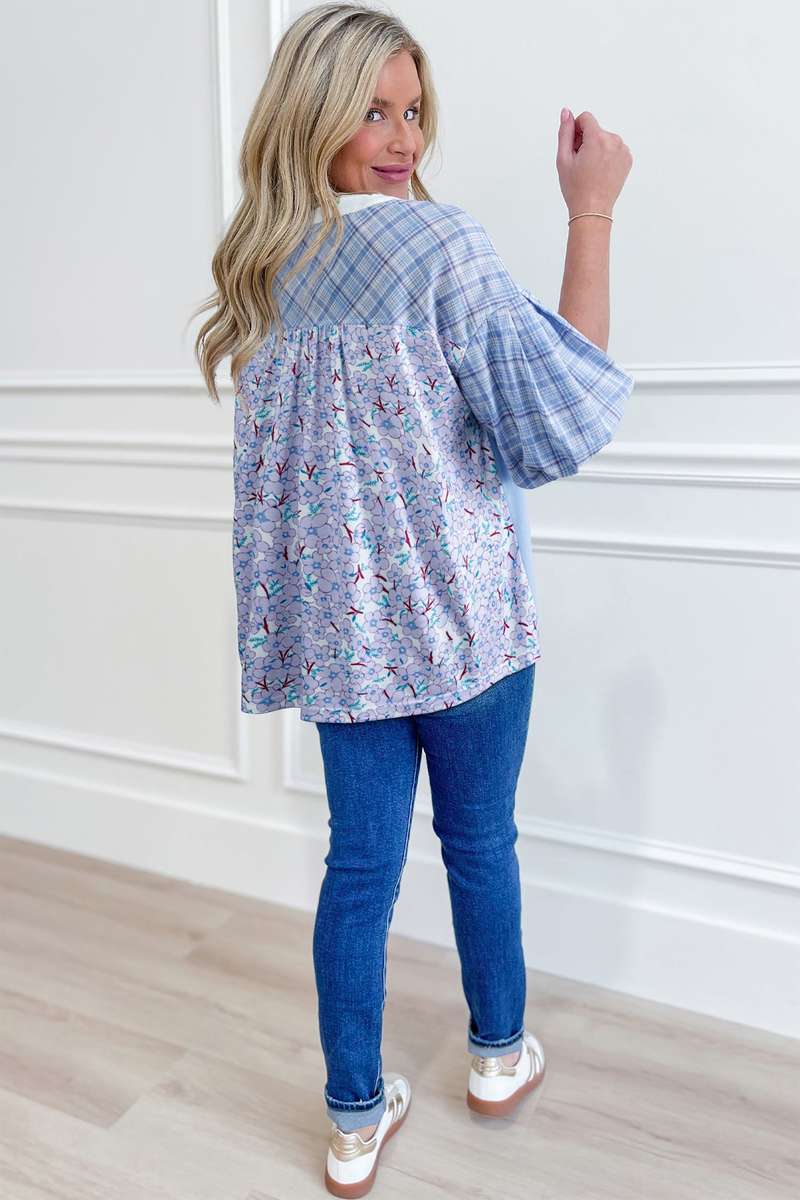 Beau Blue Color Block Plaid Bubble Sleeve Patchwork Blouse
