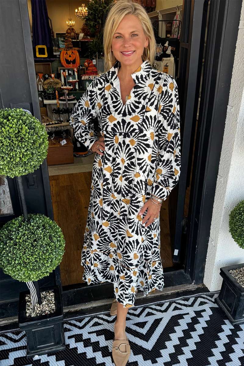 Black Abstract Floral Print Split V Neck Long Dress with Sleeves
