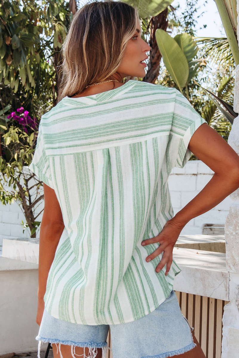 Green Breathable Gauze Half Button Short Sleeve Casual Blouse