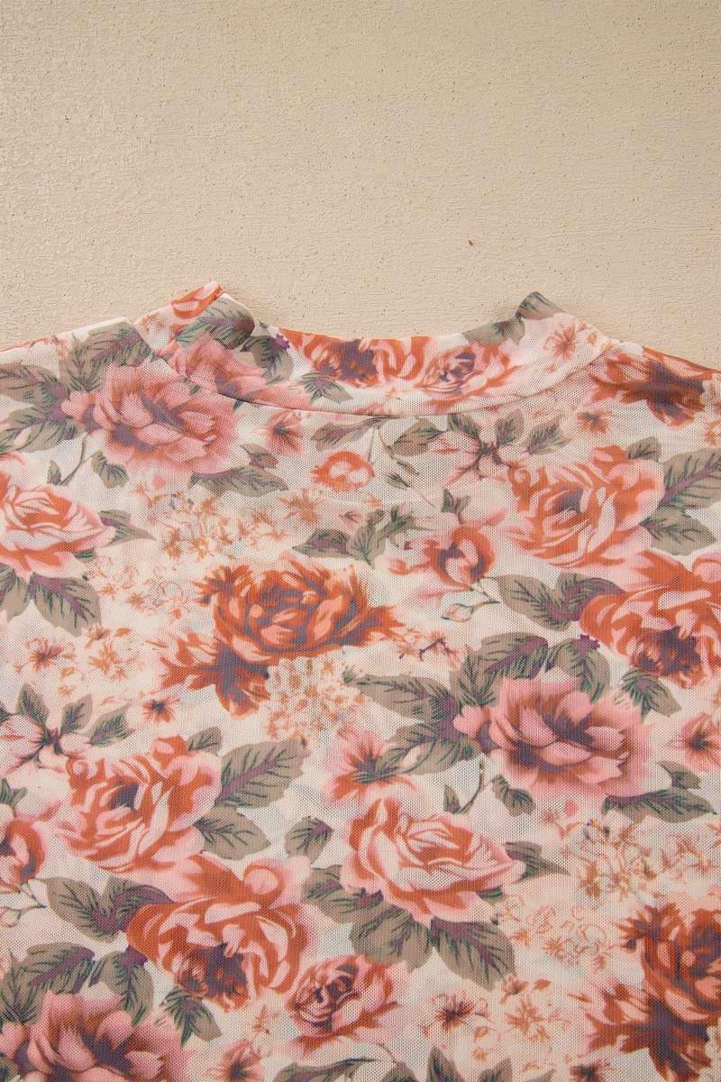 Pink Plus Size Floral Mock Neck Long Sleeve Slim Top