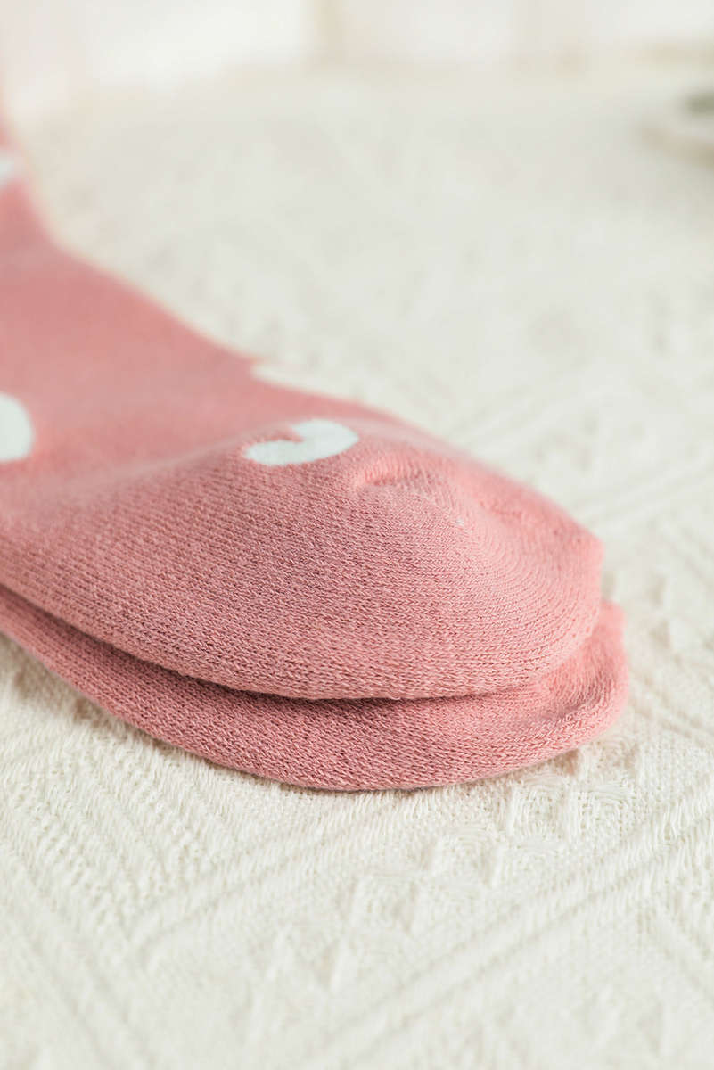 Pink Contrast Heart Print Ribbed Cuff Womens Crew Socks