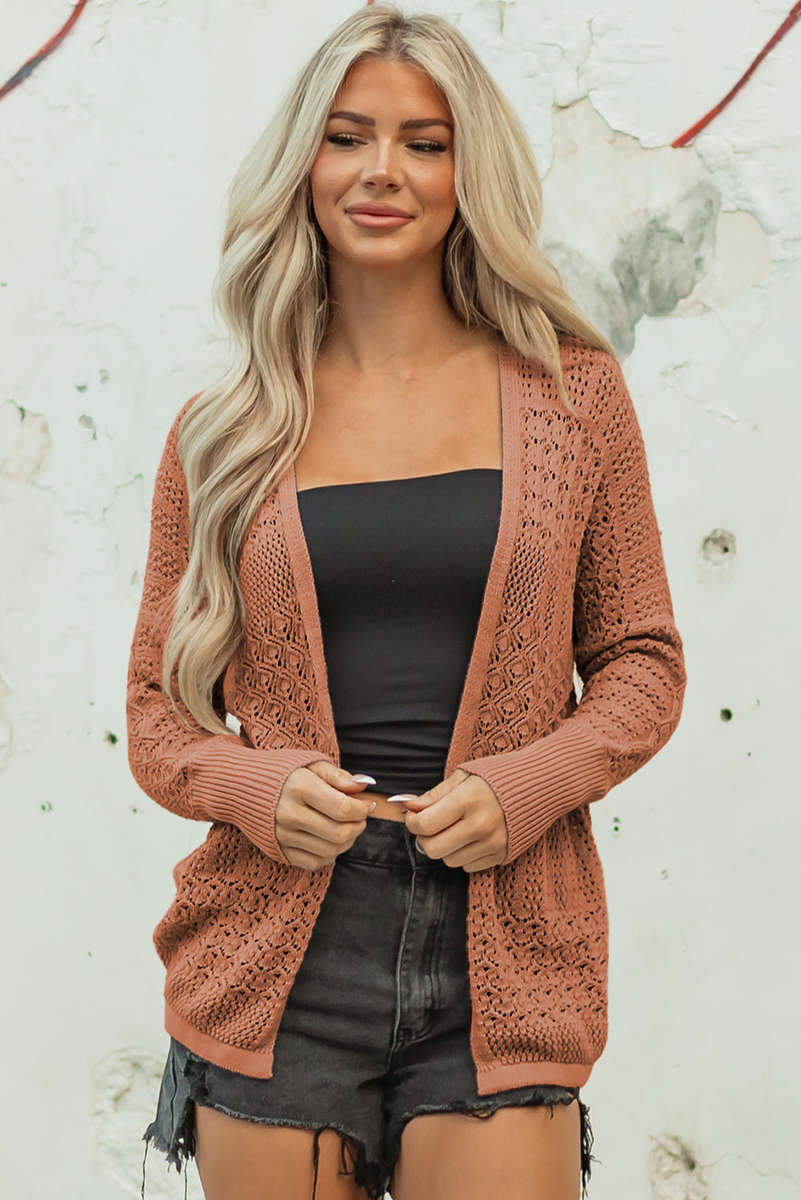 Redwood Burl Mix Pattern Hollowed Knit Open Front Cardigan