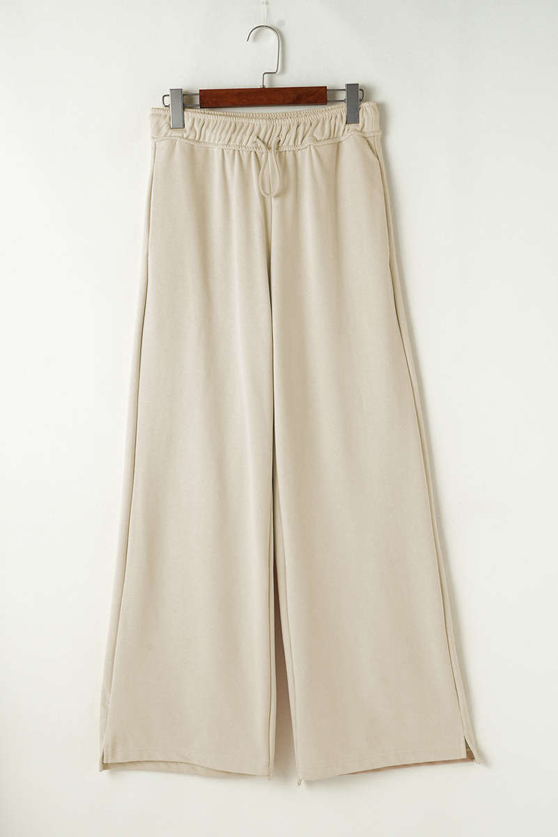 Apricot Loop Drawstring Elastic Waistband Casual Wide Leg Pants