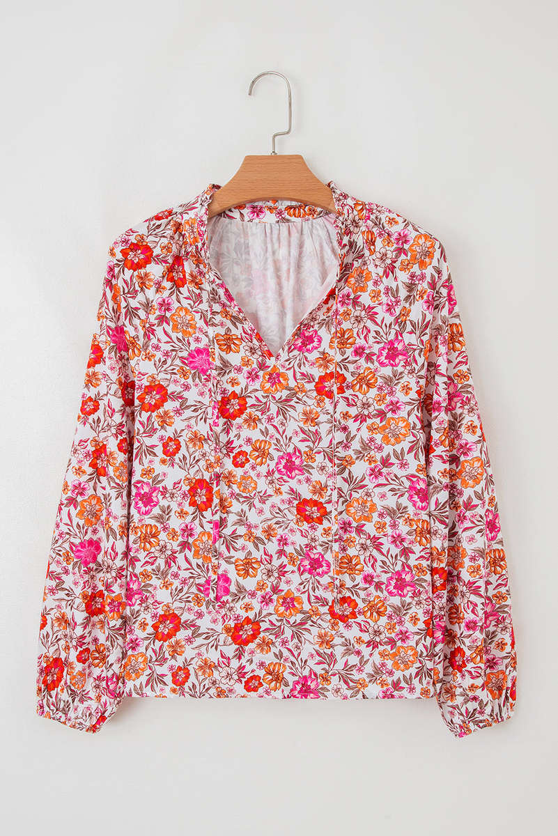 Pink Floral Print Tie Split Neck Bracelet Sleeve Blouse