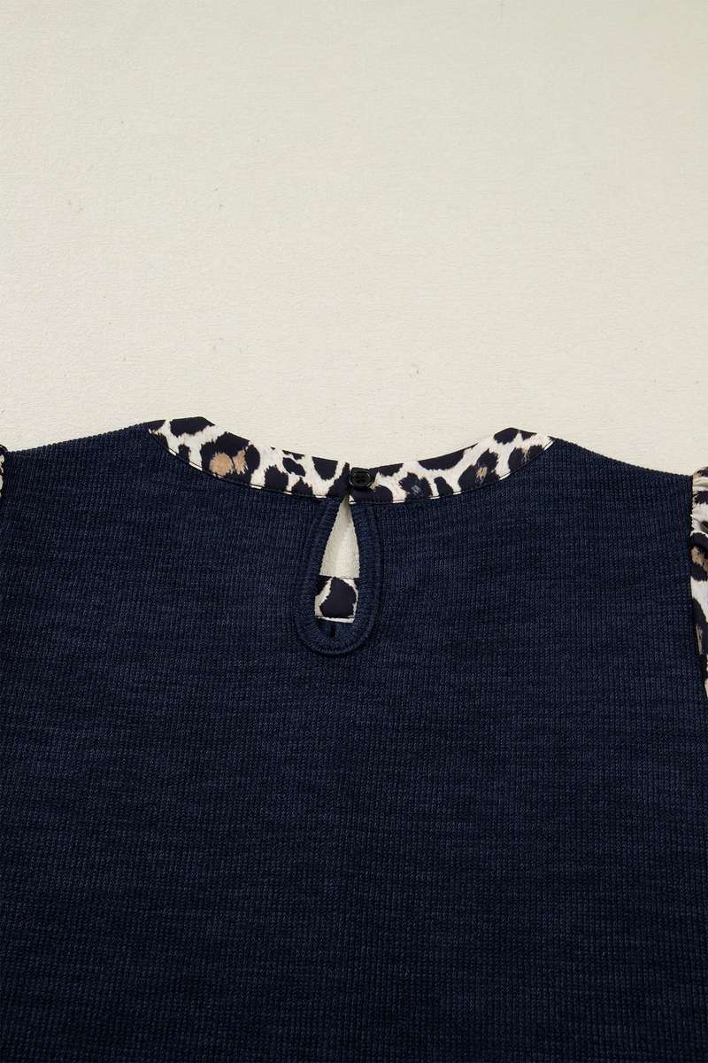 Navy Blue Ribbed Contrast Leopard Patchwork Short Sleeve Top