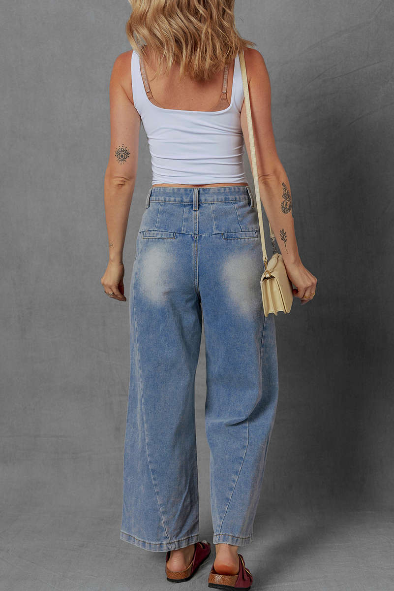 Ashleigh Blue Washed Pleated Detail Wide Leg Jeans