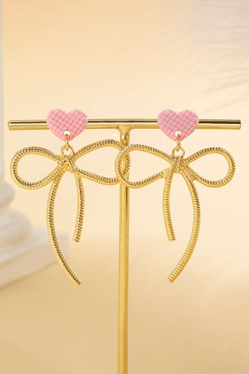 Pink Waffled Heart Stud Gold Plated Bow Dangle Earrings
