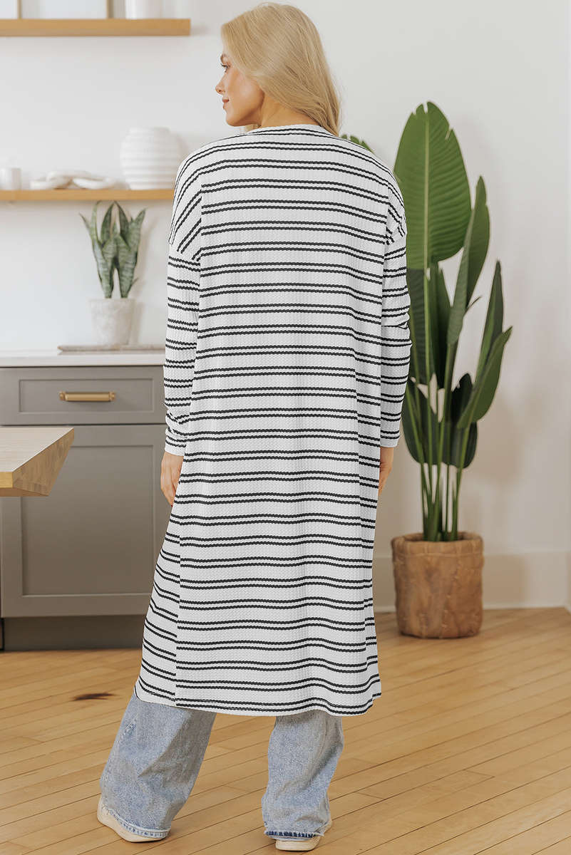 Black Stripe Print Open Front Duster Cardigan