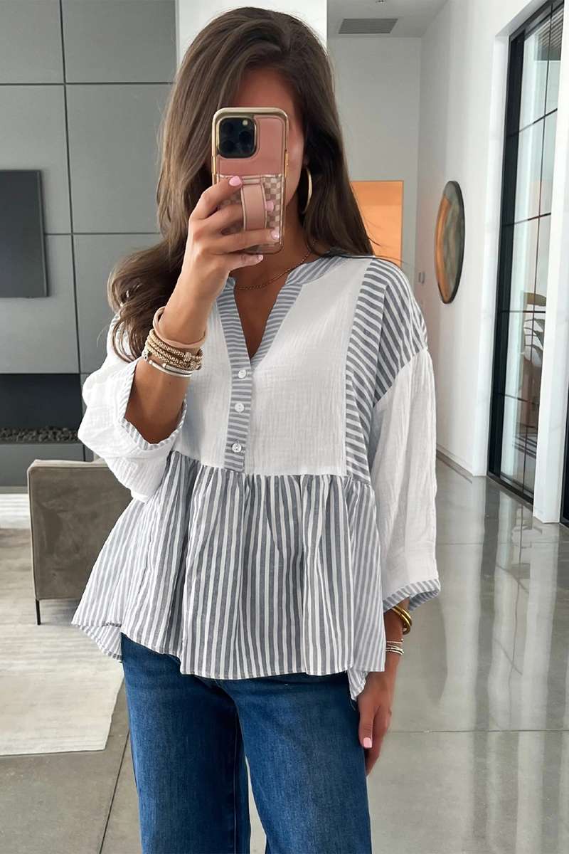 Gray Stripe Half Button Gauze Patchwork Bracelet Sleeve Babydoll Blouse