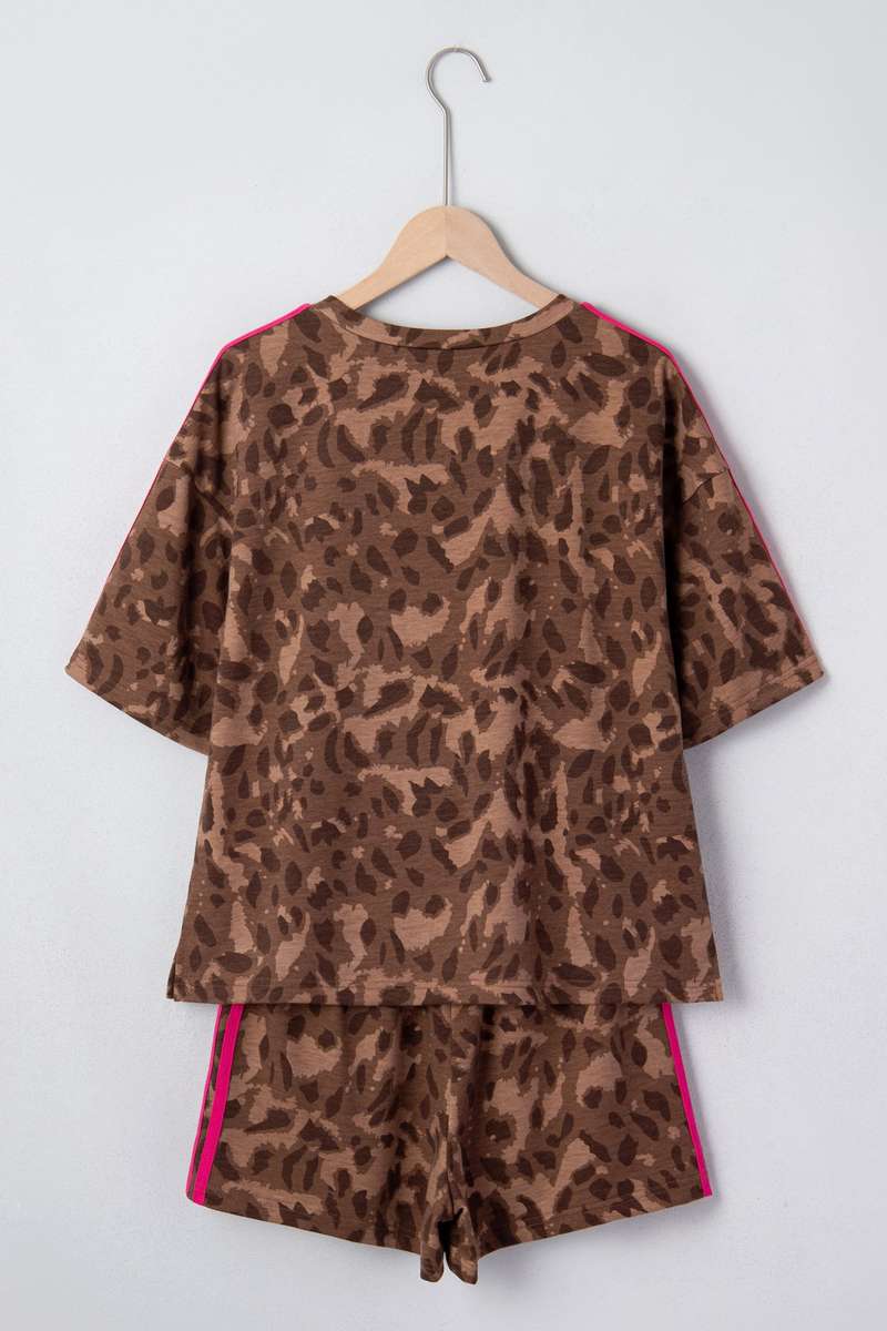 Brown Contrast Striped Accent Leopard Short Set