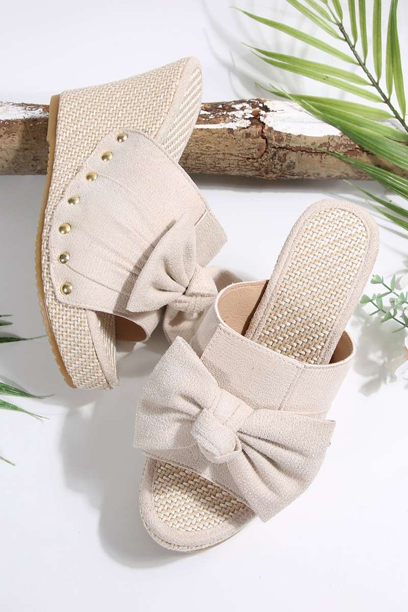 Oatmeal Cute Bow Knot Studded Wedge Platform Slippers