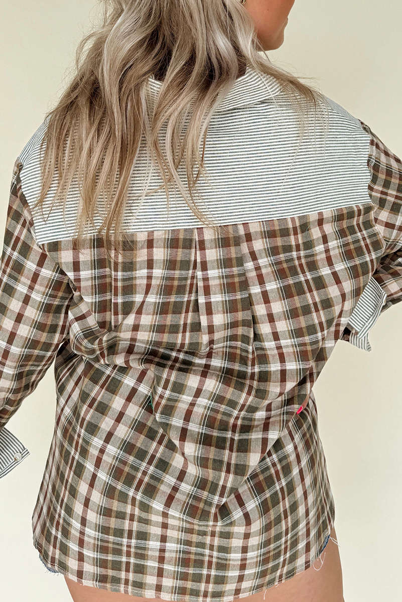 Brown Plaid Print Striped Patchwork Single Chest Pocket Buttoned Shirt