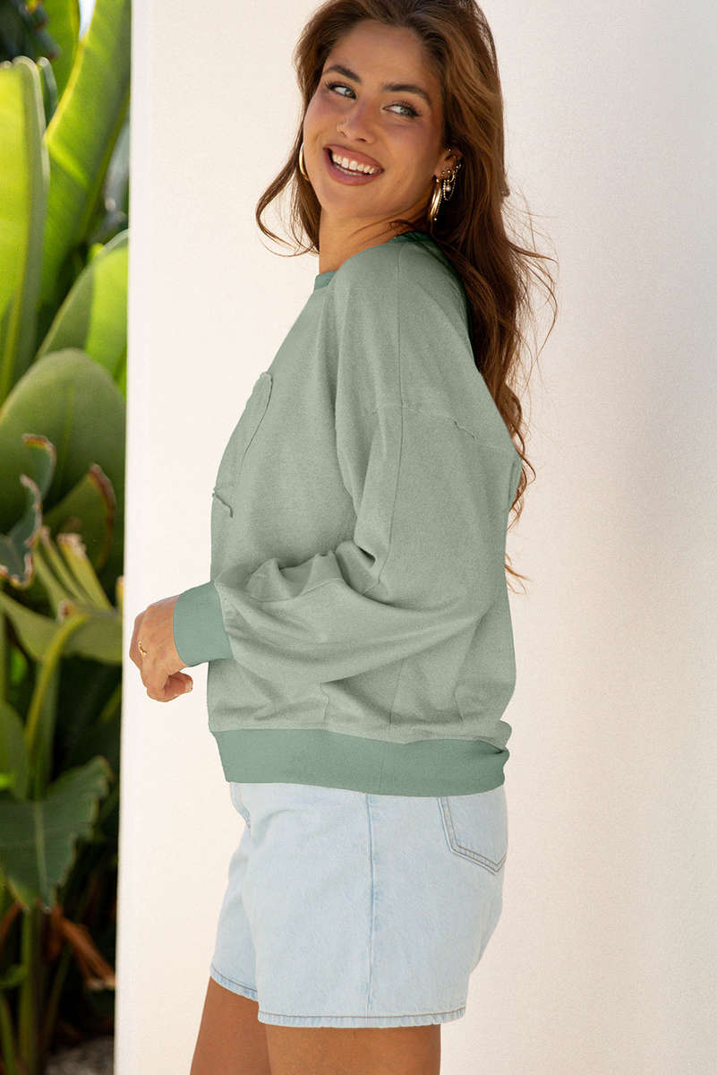 Smoke Green Raw Edge Flower Patch Drop Shoulder Casual Top