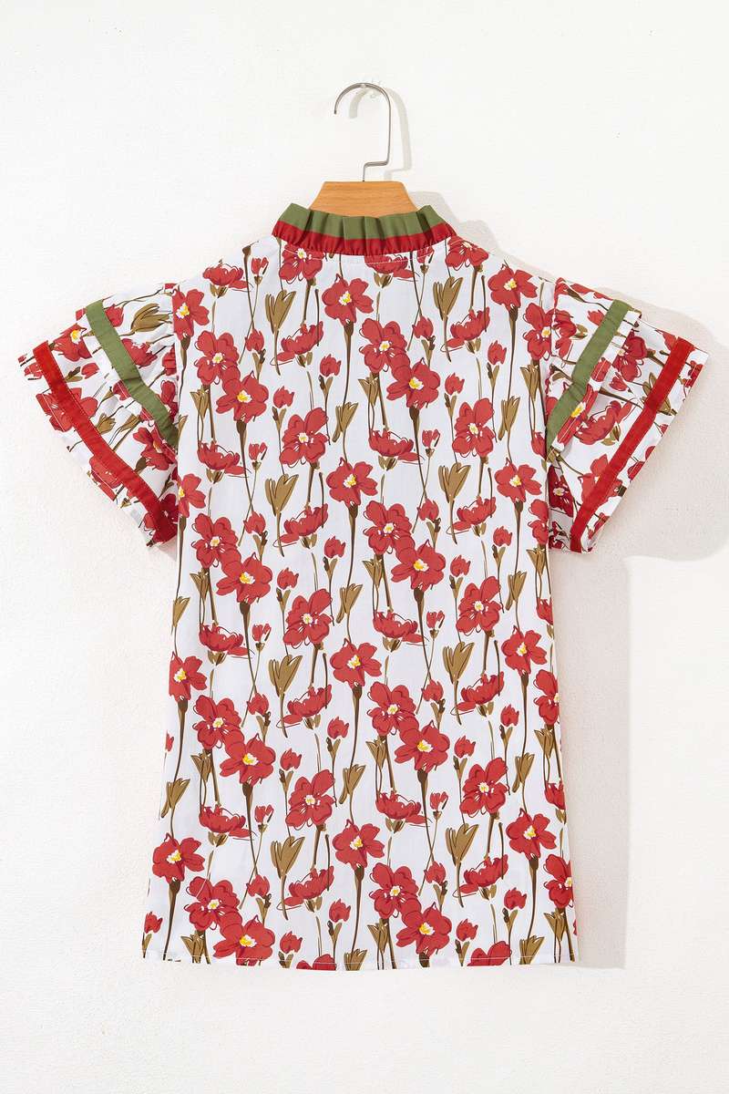 Red Floral Print Contrast Trim V Neck Double Ruffled Short Sleeve Blouse