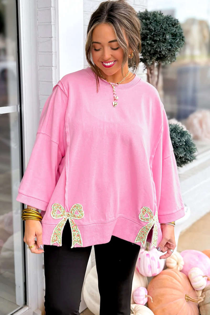 Pink Floral Bow Patched Exposed Seam Patchwork Slit Baggy Sweatshirt