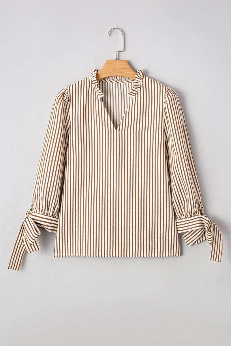 Straw Yellow Striped Print Tied Cuffs Split Neck Seersucker Blouse