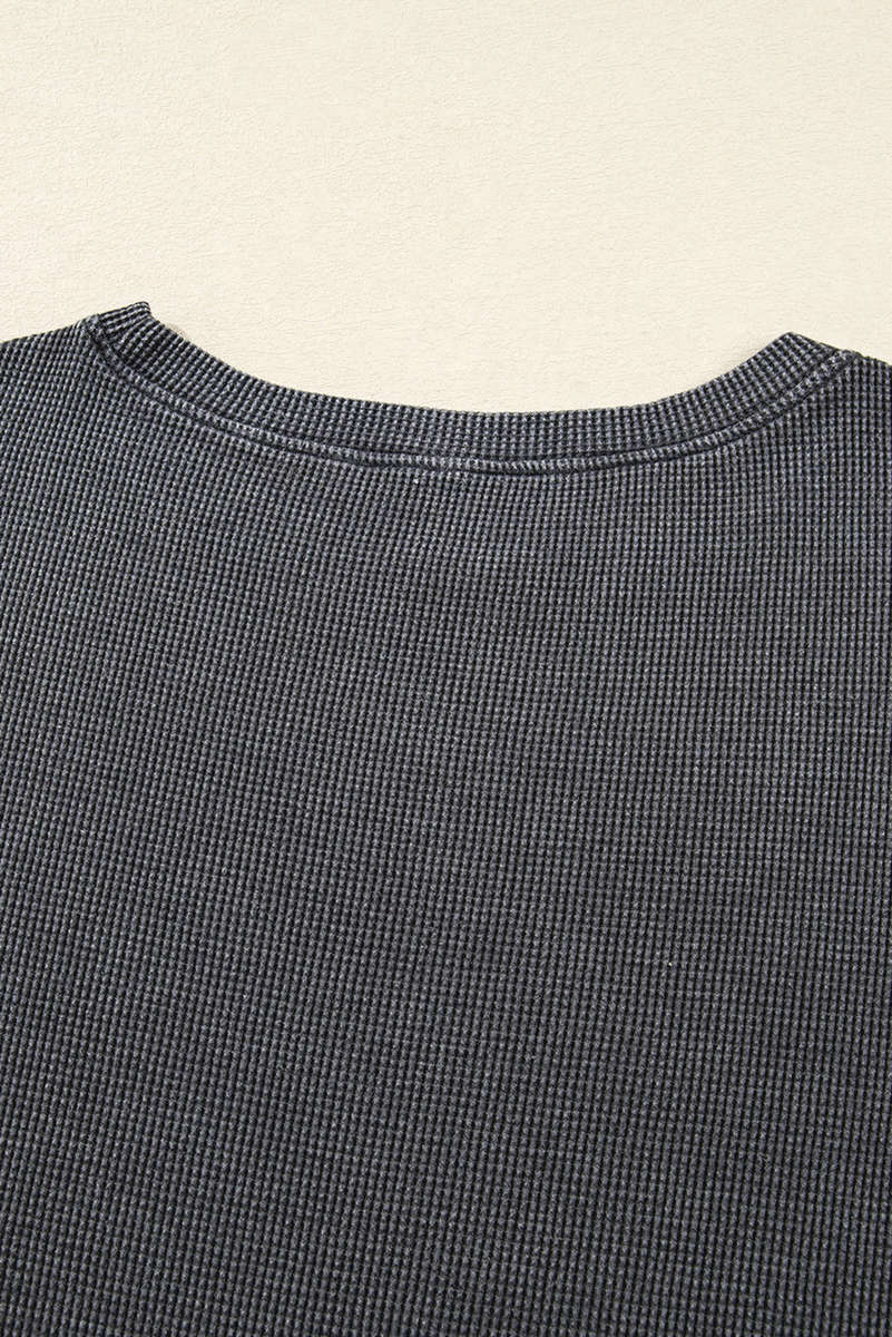 Dark Grey Waffle Knit Patchwork Long Sleeve Loose Top