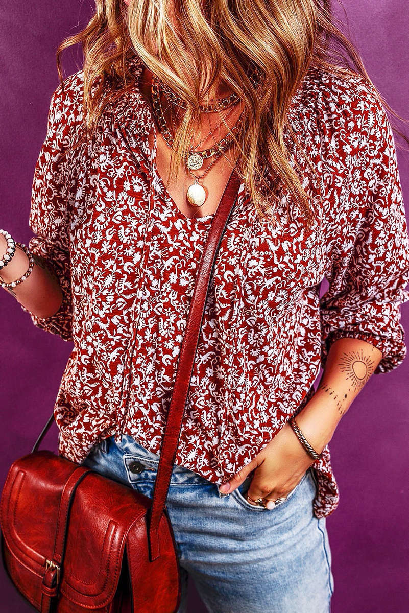 Burgundy Floral Print Smocked Tie Neck Blouse