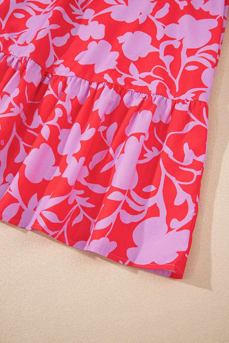 Red Floral Three Quarter Sleeves Ruffle Hem Mini Dress