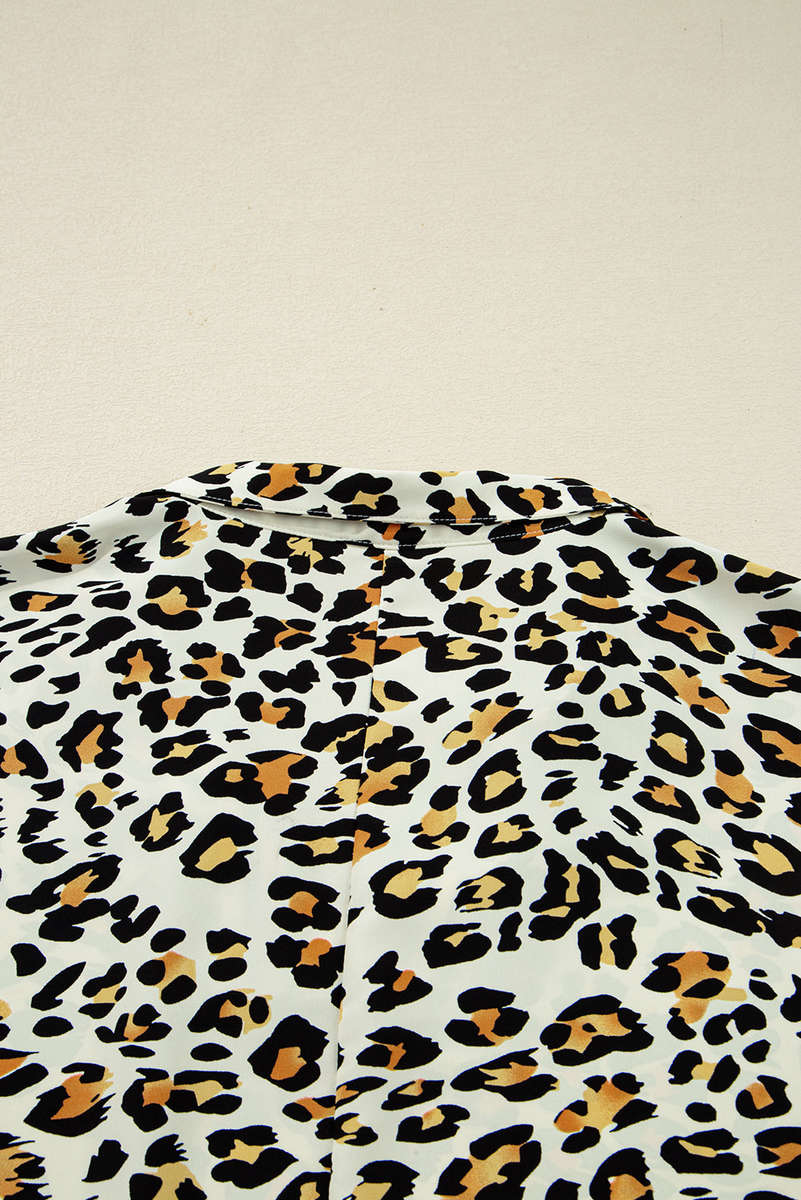 Khaki Leopard Print Contrast Striped V Neck Blouse