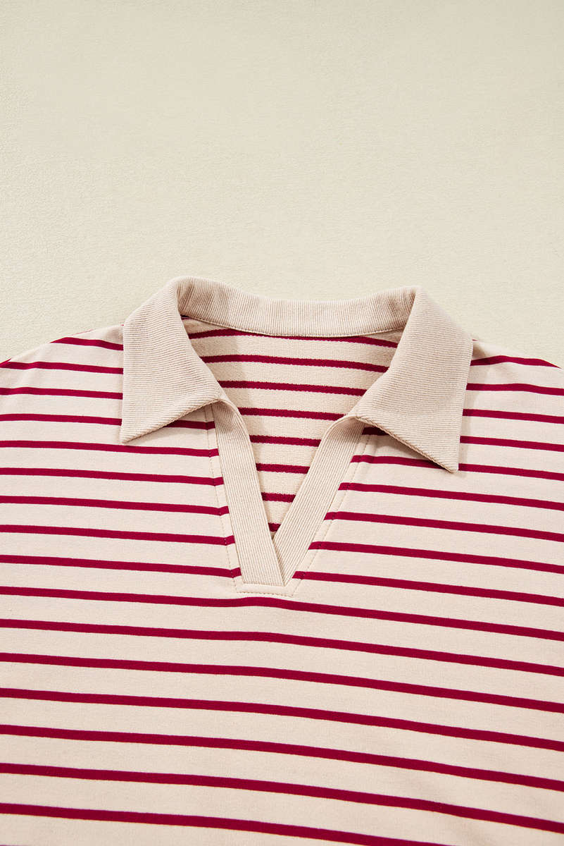 Red Stripe Cropped Collared Drop Shoulder Pullover and Bubble Mini Skirt Set