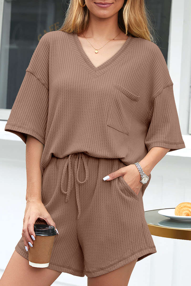 Chestnut Solid Color Waffled V Neck Loose Tee Drawstring Shorts Set