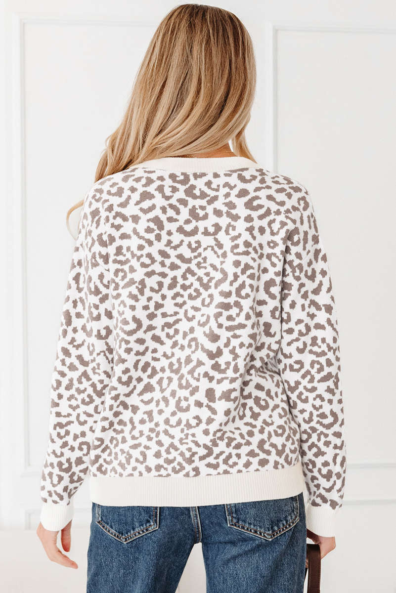 Khaki Leopard Drop Shoulder Chunky Knitted Cardigan Sweater