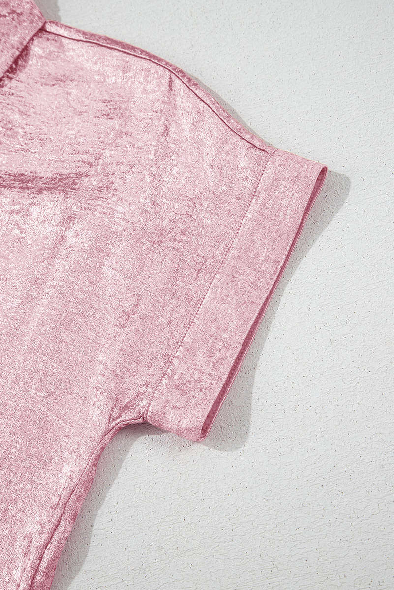 Pink Metallic Sheen Short Sleeve Buttoned Front Casual Shirt
