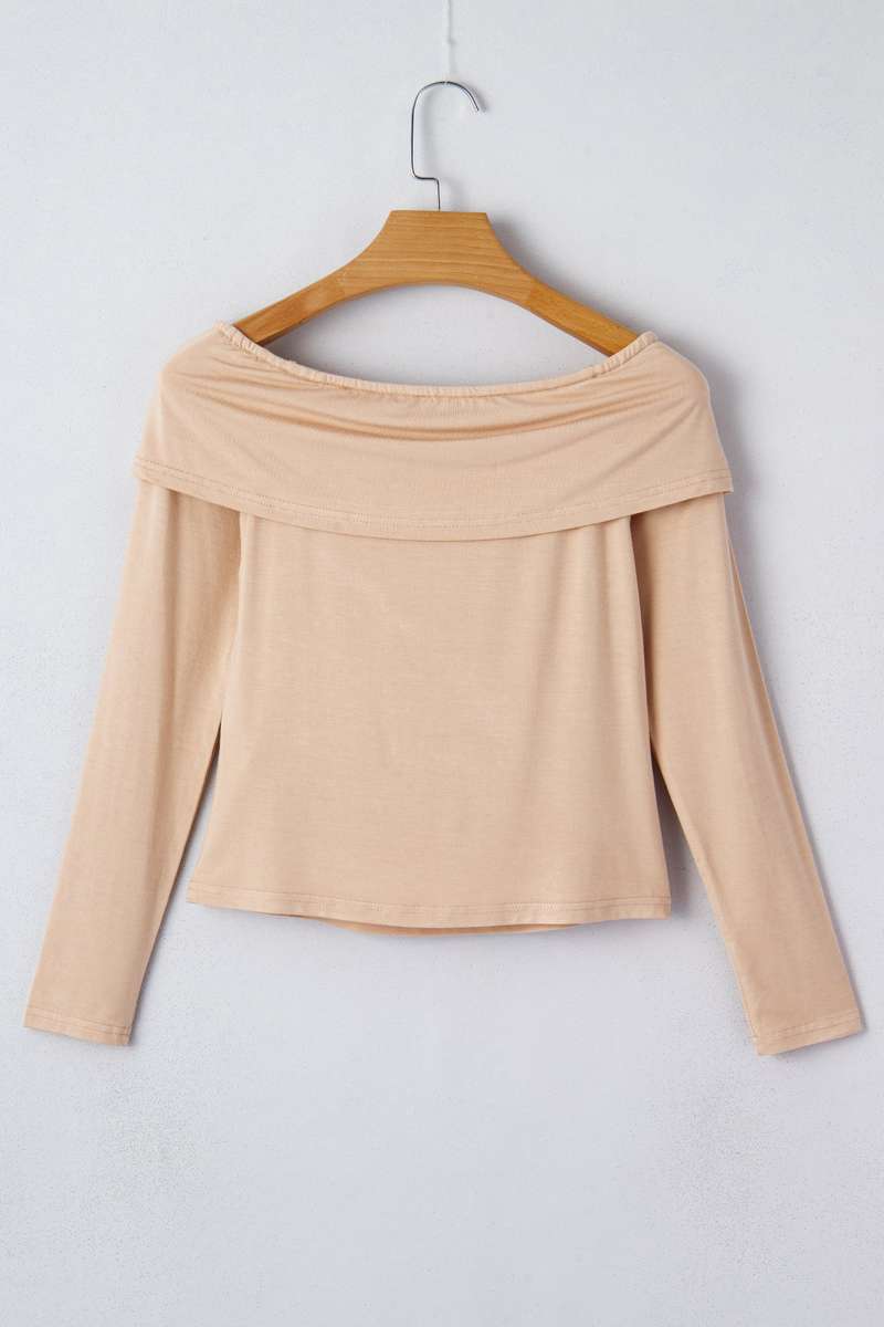 Smoke Gray Foldover Off Shoulder Long Sleeve Slim Top