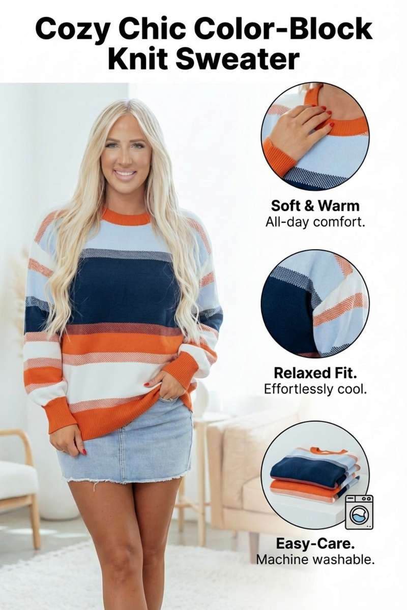 Dark Blue Color Block Round Neck Tunic Sweater