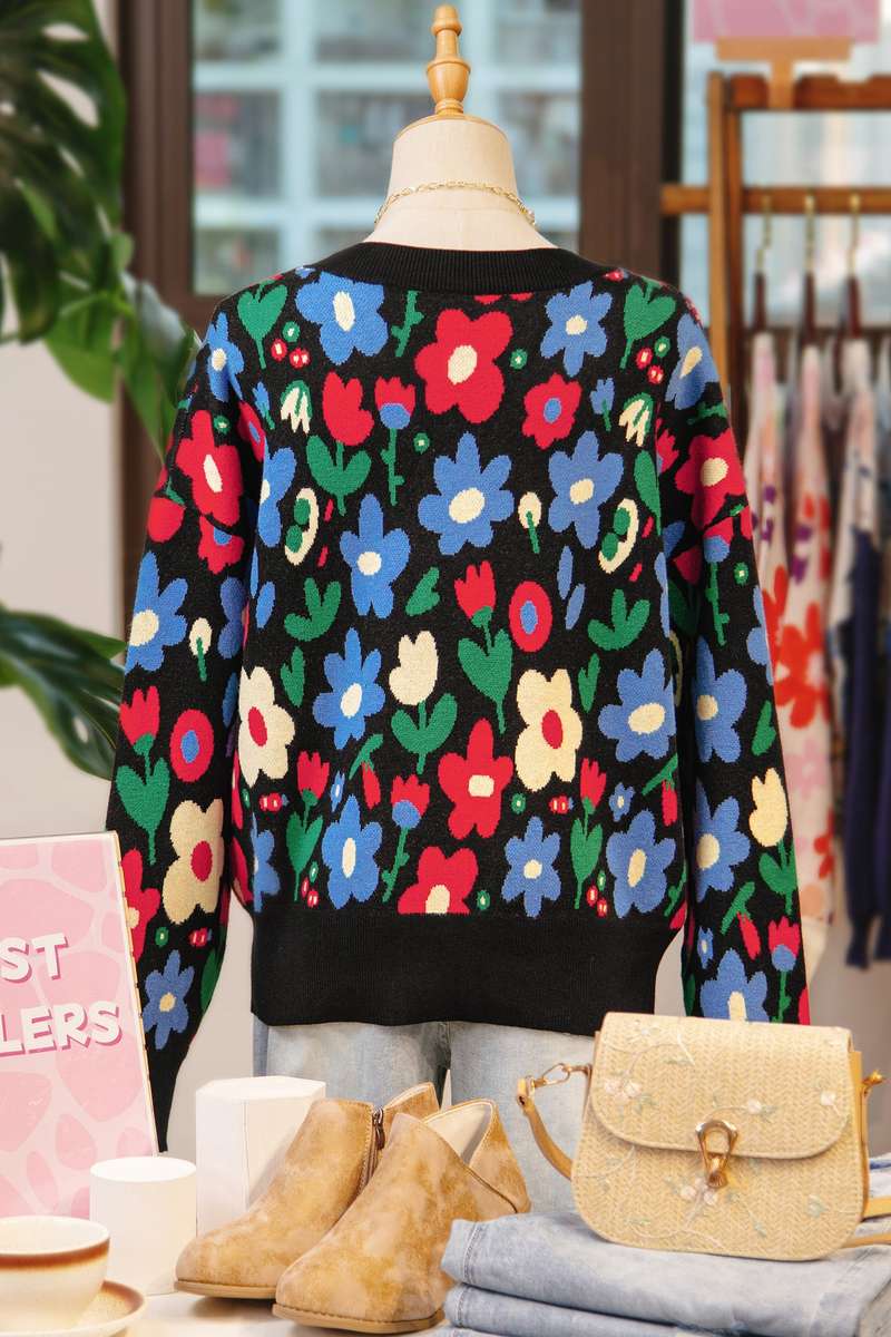 Black Floral Print V Neck Buttoned Short Cardigan Sweater