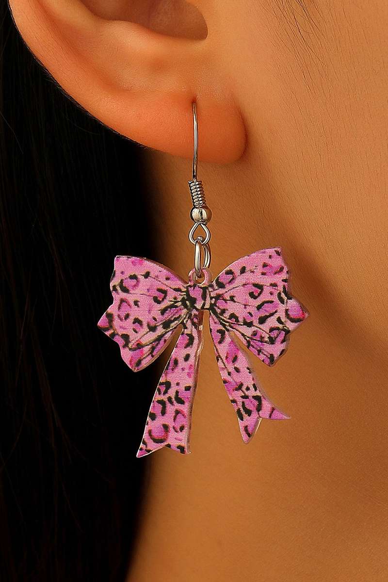 Bright Pink Stylish Leopard Printed Bow Stainless Hook Earrings