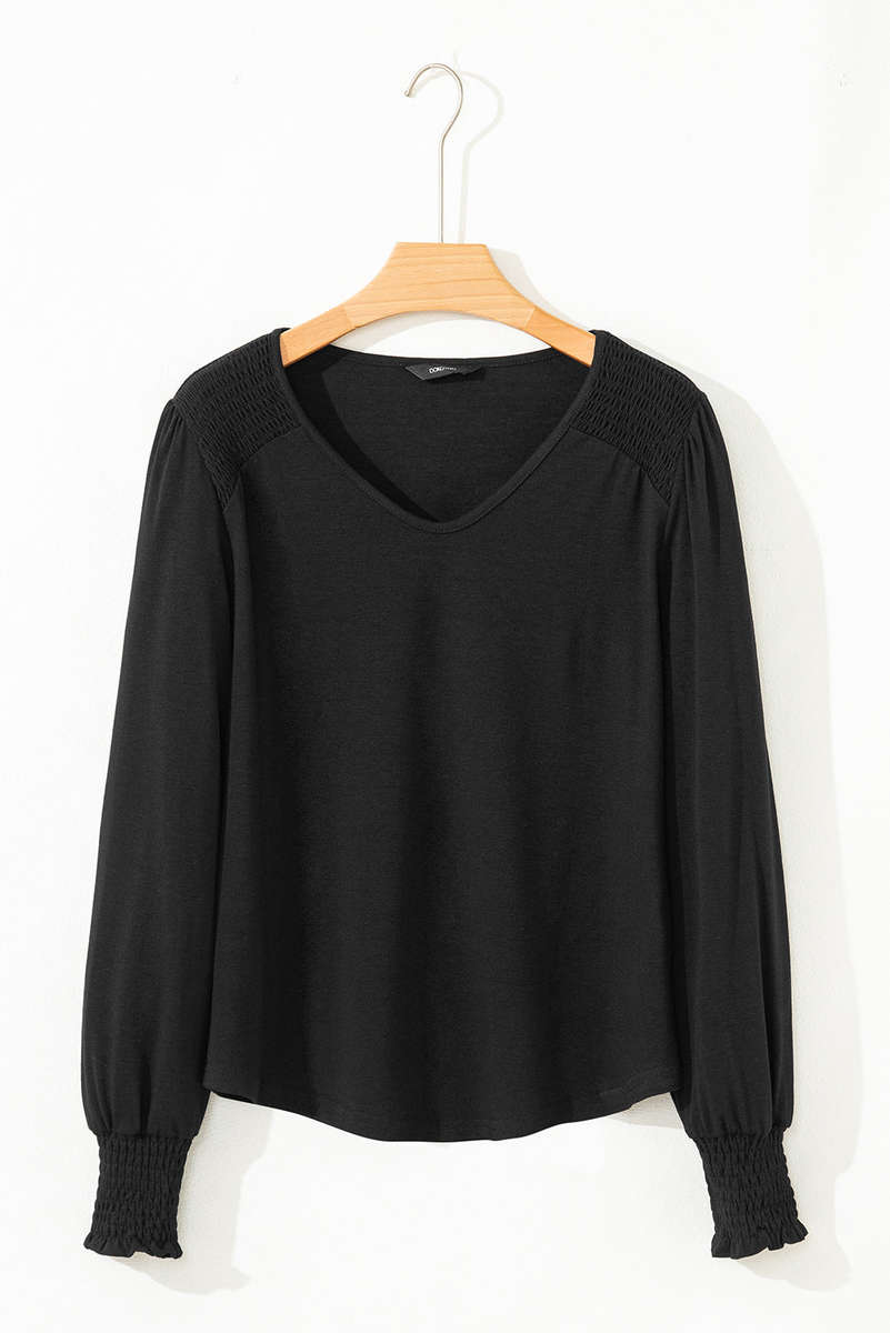 Black Shirred Shoulder Frilled Cuffs Long Sleeve Top