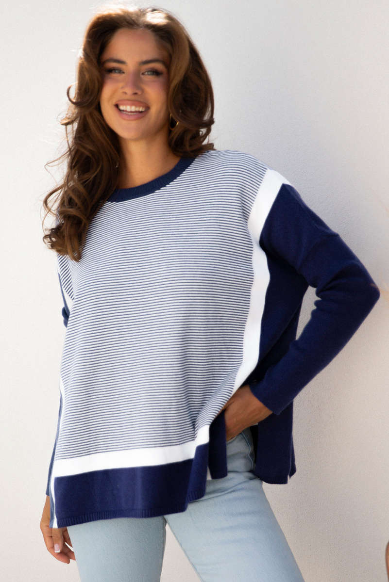 Blue Stripe Color Block Patchwork Dolman Oversize Tunic Sweater