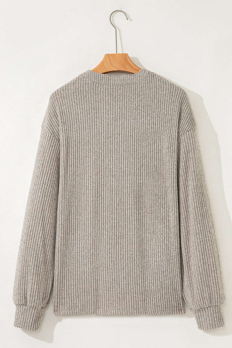 Simply Taupe Ribbed Texture Drop Shoulder Henley Knit Top