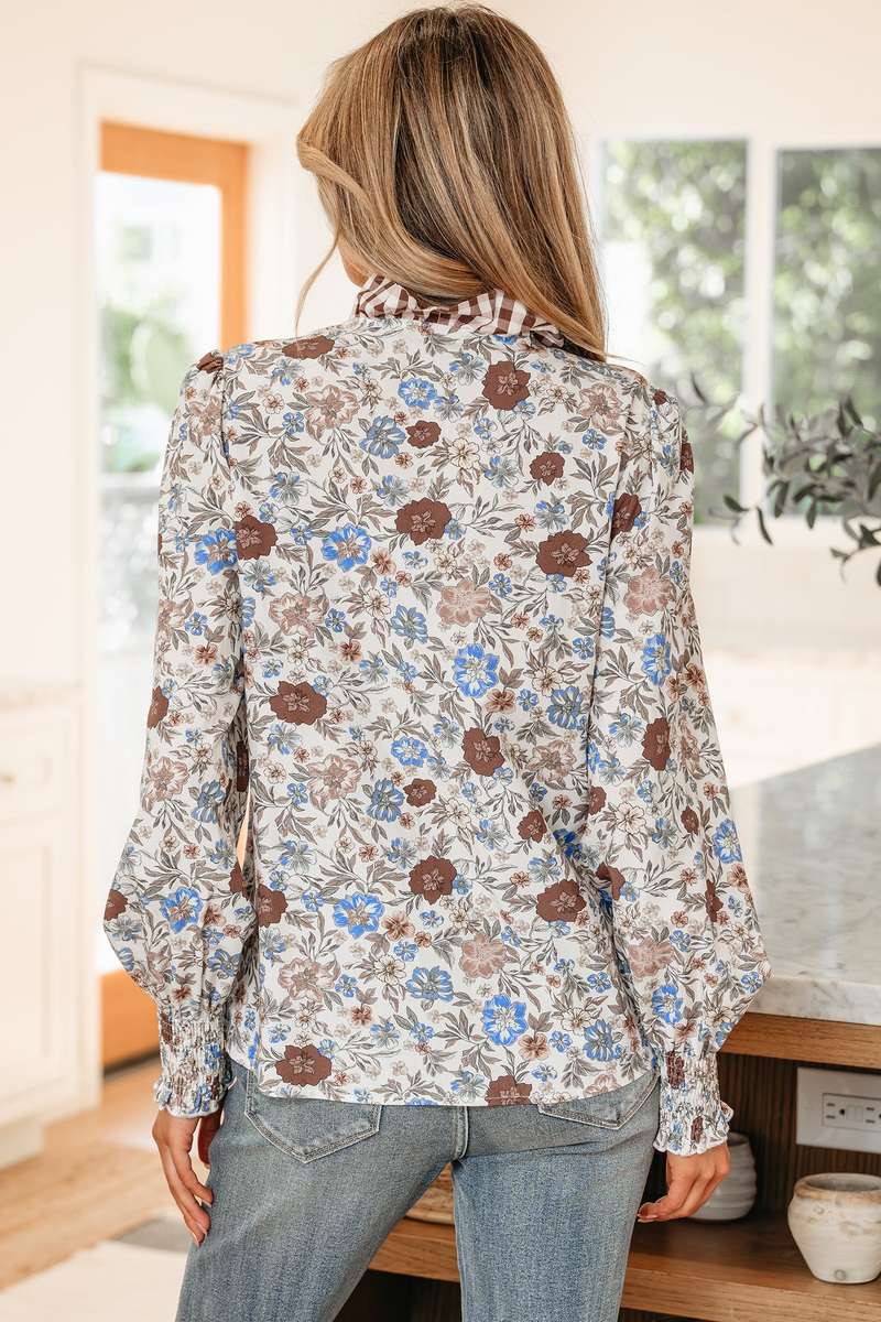 Brown Plaid Frilled Trim V Neck Floral Long Sleeve Blouse