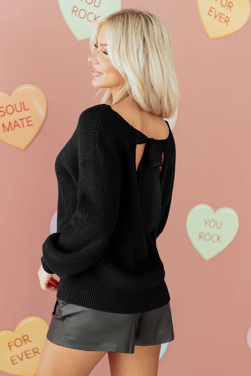 Black Ribbed Knit Ribbon Knot Backless Drop Shoulder Sweater