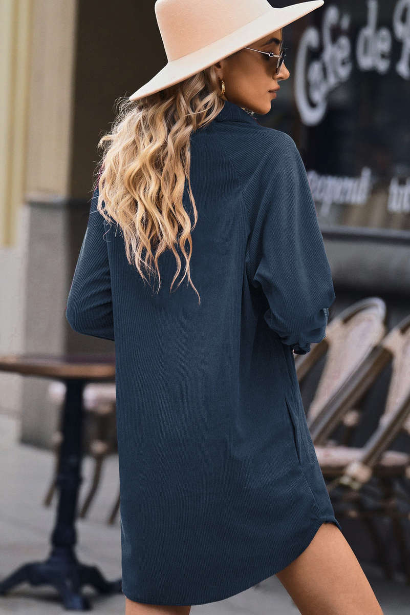 Blue Corduroy Shirt Style Full Button Long Sleeve Shift Mini Dress