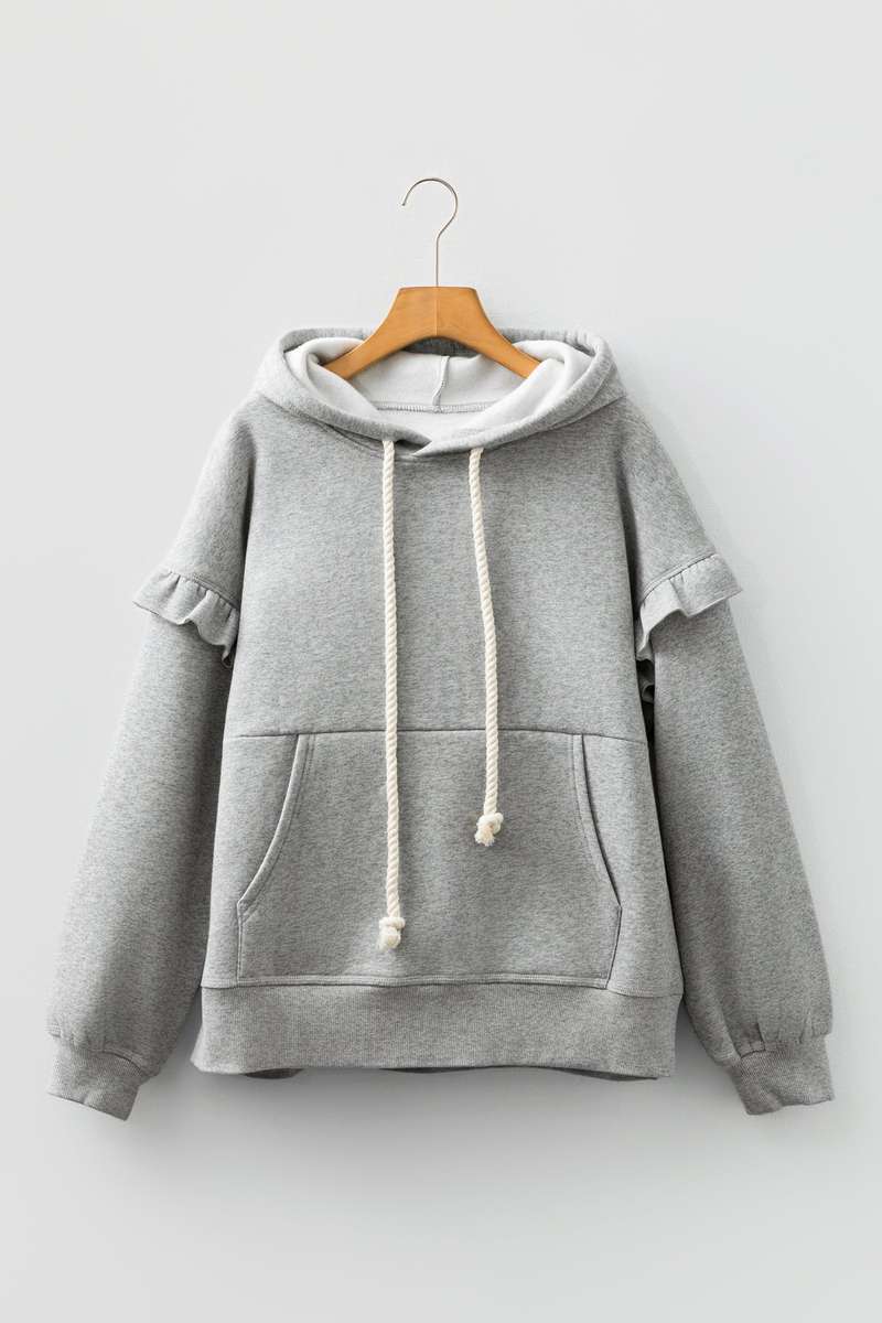 Gray Contrast Rope Drawstring Ruffle Trim Drop Shoulder Baggy Hoodie