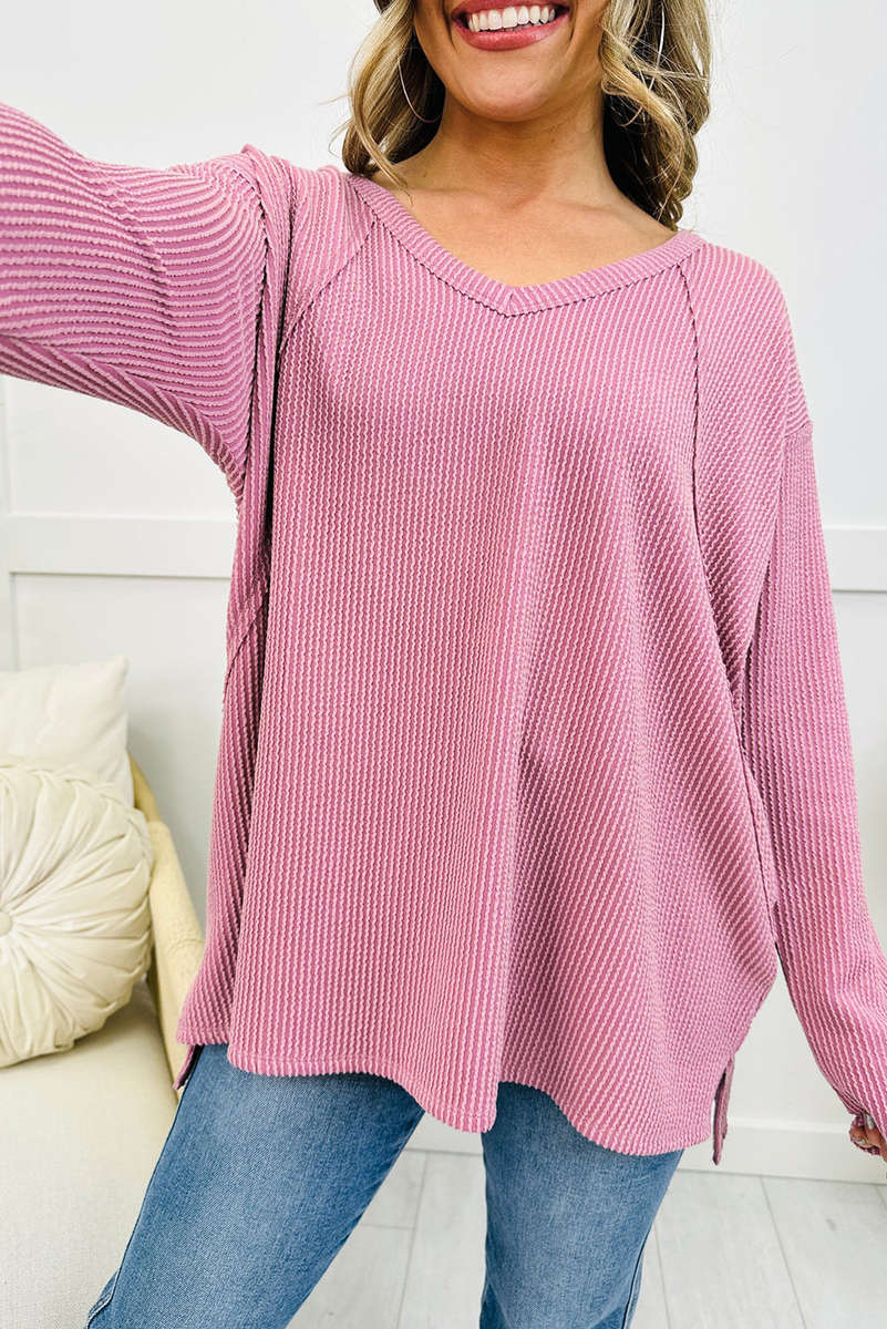 Pink Twisted Rib Texture Exposed Seam Patchwork Loose Long Sleeve Top