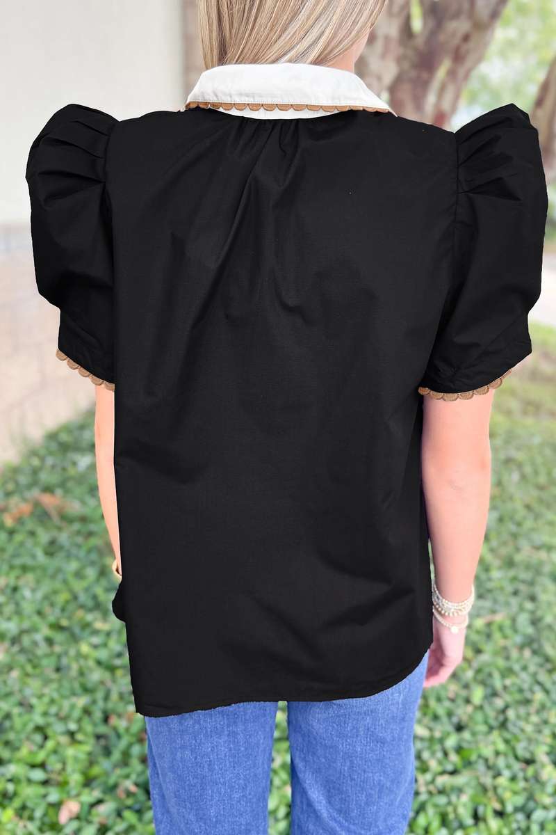 Black Ricrac Trim Color Block Patchwork Shirt Collar Short Sleeve Blouse