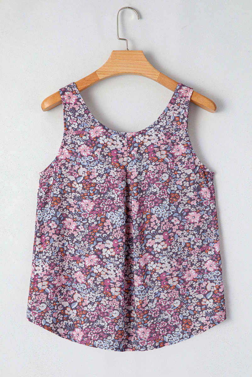 Yellow Boho Floral Pleated Buttoned Front Tank Top