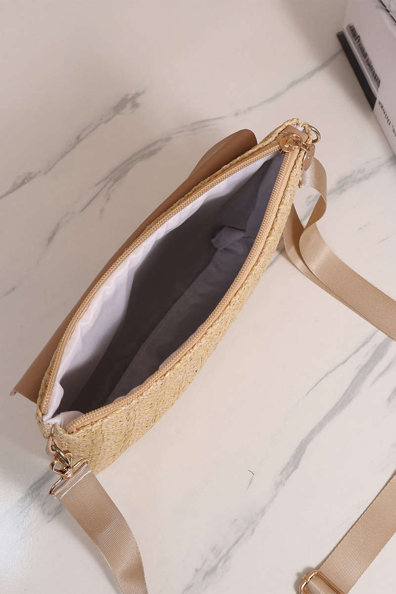 Beige Leather Pocket Patchwork Straw Woven Shoulder Bag